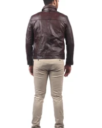 Man wearing brown leather biker jacket