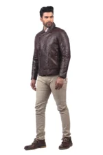 Man wearing brown leather biker jacket