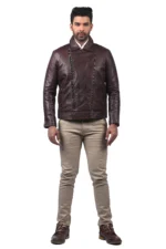 Man wearing brown leather biker jacket