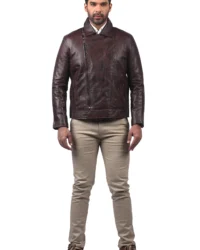 Man wearing brown leather biker jacket