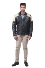 Men’s Black Leather Biker Jacket with Beige Shoulders