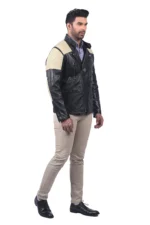 Men’s Black Leather Biker Jacket with Beige Shoulders