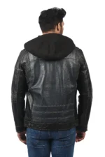 Men’s Black Leather Biker Jacket with Hood
