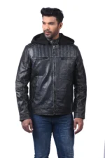 Men’s Black Leather Biker Jacket with Hood