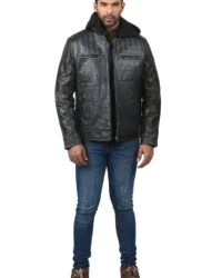 Men’s Black Leather Biker Jacket with Hood