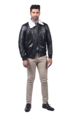 Men’s Black Leather Bomber Jacket with White Shearling Collar