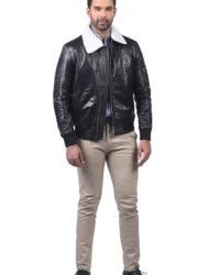 Men’s Black Leather Bomber Jacket with White Shearling Collar