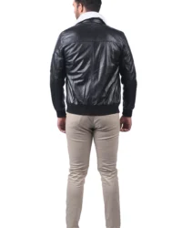 Men’s Black Leather Bomber Jacket with White Shearling Collar
