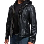 Men’s Black Leather Jacket with Hood