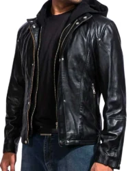 Men’s Black Leather Jacket with Hood