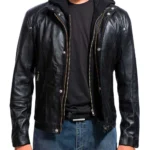 Men’s Black Leather Jacket with Hood