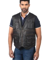 Men’s Black Leather Utility Vest