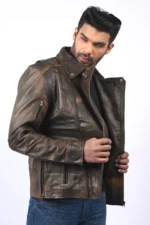 Men’s Distressed Brown Leather Biker Jacket